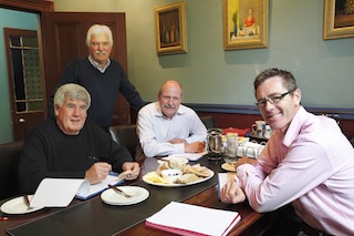 Winestate's independent  judges Ian McKenzie, James Godfrey and Mark Robertson, with Winestate Publisher Peter Simic standing.